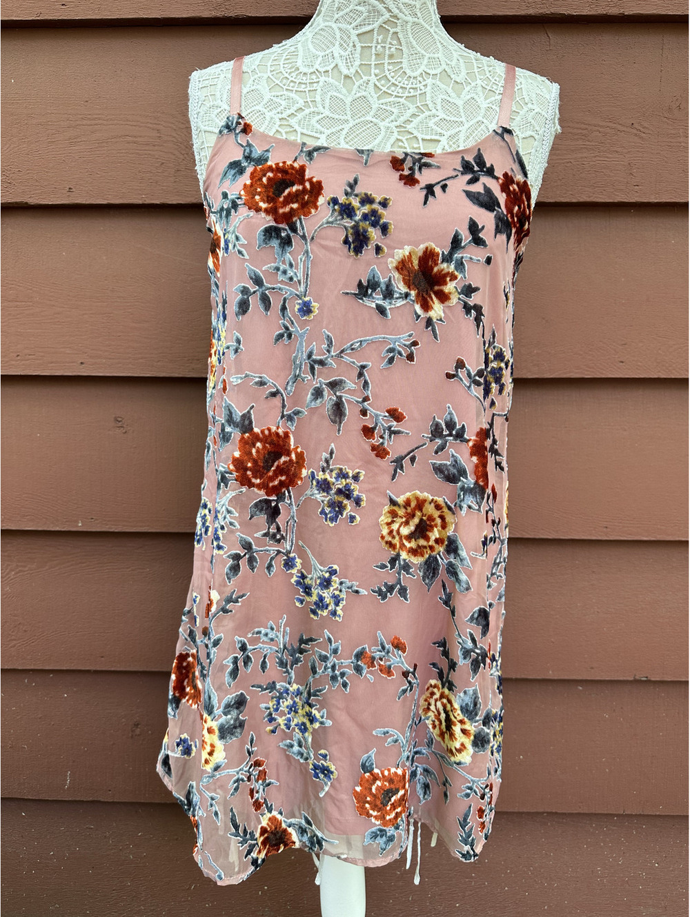 Lily Star Floral Velvet Slip Dress Pink Bohemian Adjustable Straps